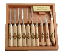Set Of 10 Small Two Cherries Carving Tools With Stone And Presentation Box